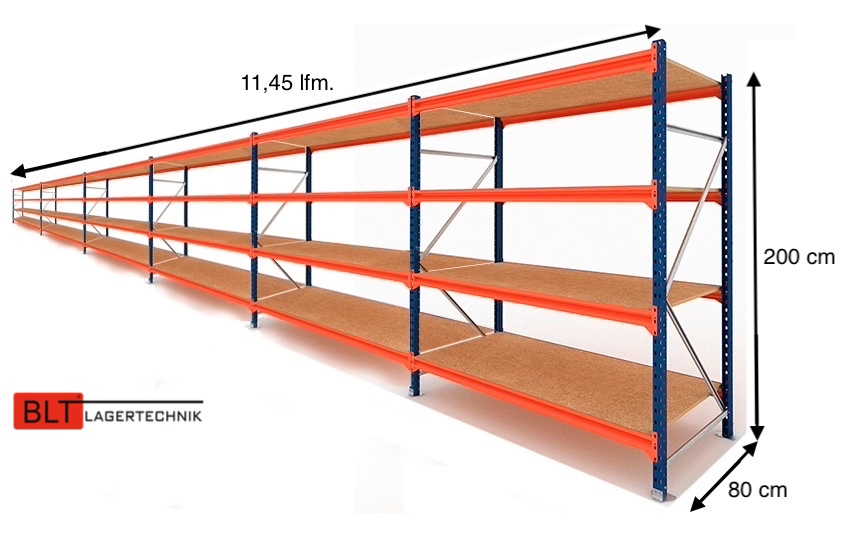 11,45 lfm Weitspannregale 80cm tief , 4 Ebenen, Werkstattregale , Lagerregale , Großfachregale , Handlager , Fachbodenregale